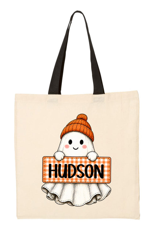 Personalized Gingham Ghost Medium Canvas Tote *Enter Kid's Name