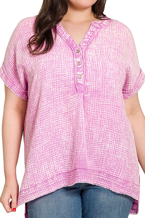 Plus Size Harbour Island Mauve Washed Gauze Henley Neck Top