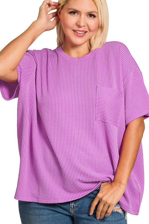 Plus Size Casual Cadence Spring Violet Raised Rib Knit Top