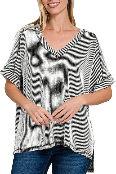 Plus Size Take The Plunge Black and White Wavy Rib Knit Top