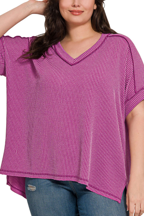 Plus Size Take The Plunge Light Plum Wavy Rib Knit Top