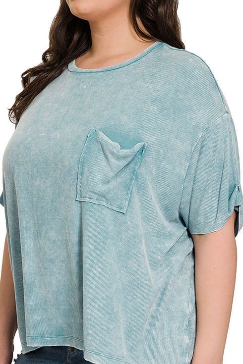 Plus Size Pacific Coast Dusty Teal Washed Ribbed Short Sleeve Top