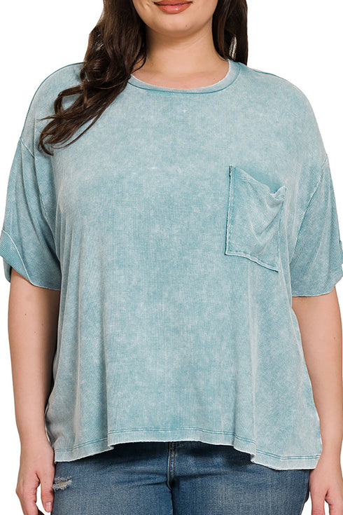 Plus Size Pacific Coast Dusty Teal Washed Ribbed Short Sleeve Top