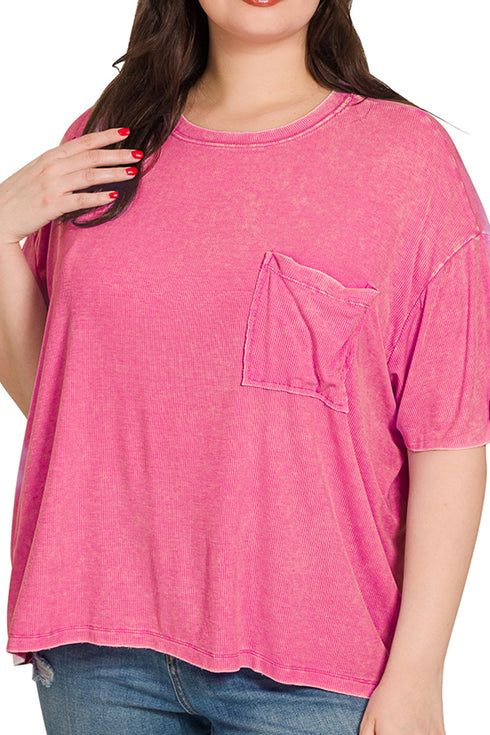 Plus Size Pacific Coast Hot Pink Washed Ribbed Short Sleeve Top