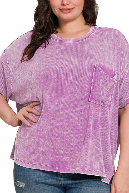 Plus Size Pacific Coast Bright Violet Washed Ribbed Short Sleeve Top
