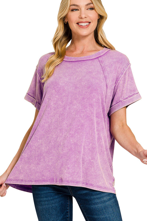 Daytrip Dreams Bright Violet Washed Ribbed Cuffed Sleeve Top