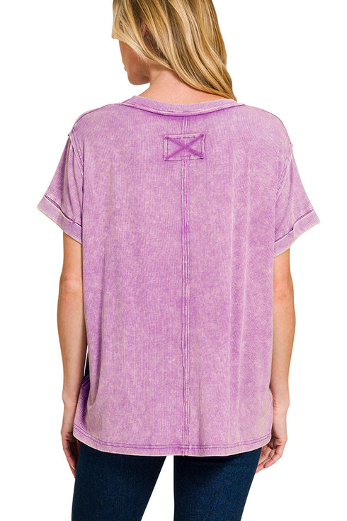 Daytrip Dreams Bright Violet Washed Ribbed Cuffed Sleeve Top