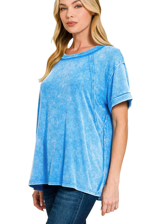 Daytrip Dreams Deep Sky Washed Ribbed Cuffed Sleeve Top