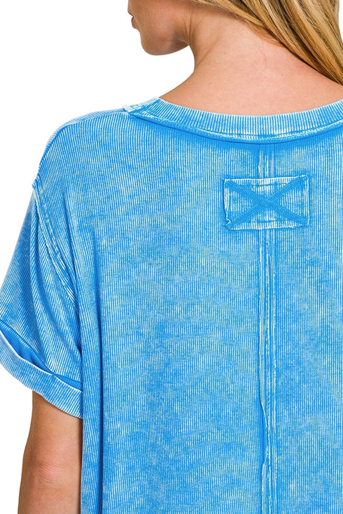 Daytrip Dreams Deep Sky Washed Ribbed Cuffed Sleeve Top