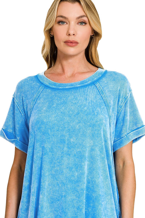 Daytrip Dreams Deep Sky Washed Ribbed Cuffed Sleeve Top