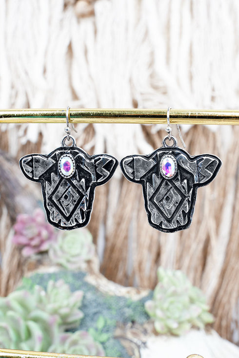 Iridescent Cimarron Cow Silvertone Earrings
