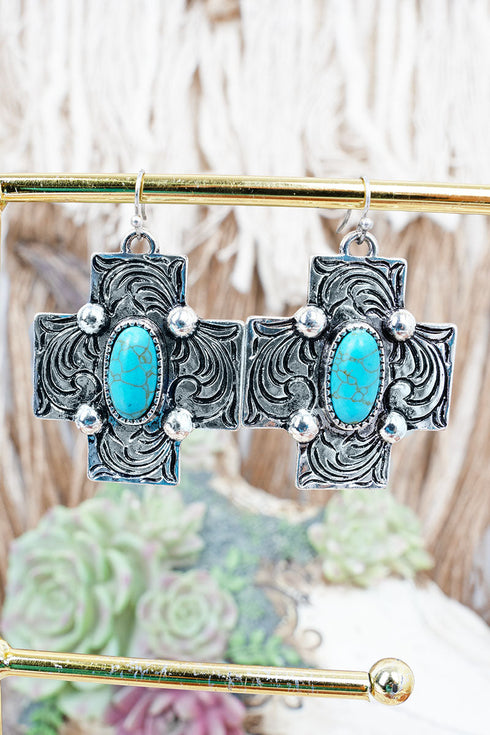 Turquoise Creede Cross Silvertone Earrings