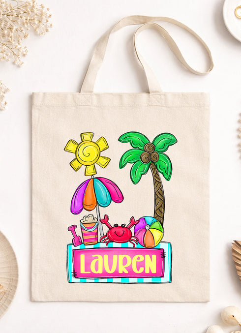 Personalized Beach Day Girl Small Canvas Tote