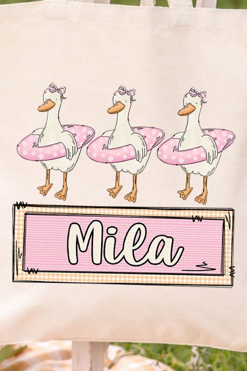 Personalized Pink Summer Geese Small Canvas Tote *Personalize Your Name