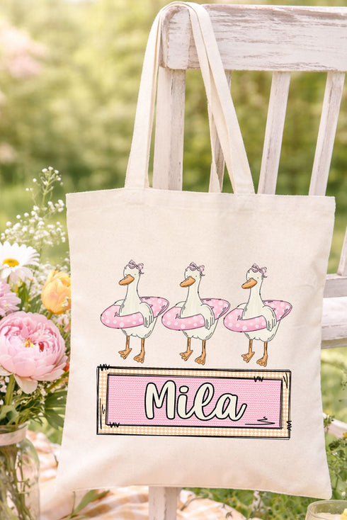 Personalized Pink Summer Geese Small Canvas Tote *Personalize Your Name
