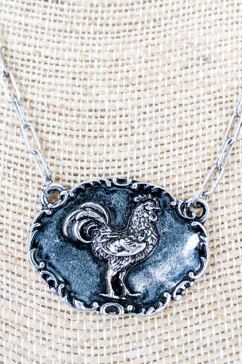 Barnyard Belle Rooster Silvertone Necklace