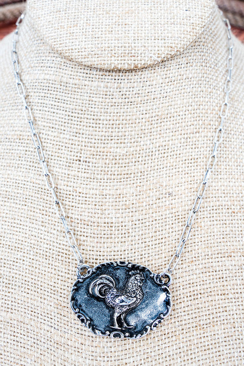 Barnyard Belle Rooster Silvertone Necklace
