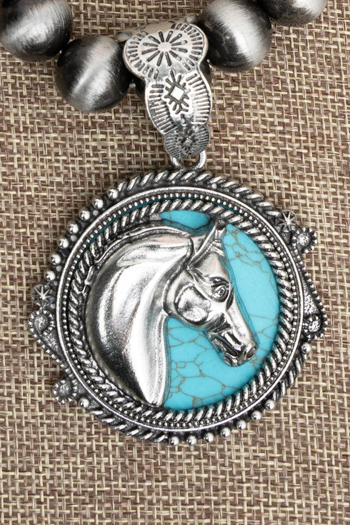 Turquoise Mustang Medallion Silver Pearl Necklace