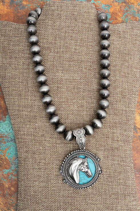Turquoise Mustang Medallion Silver Pearl Necklace