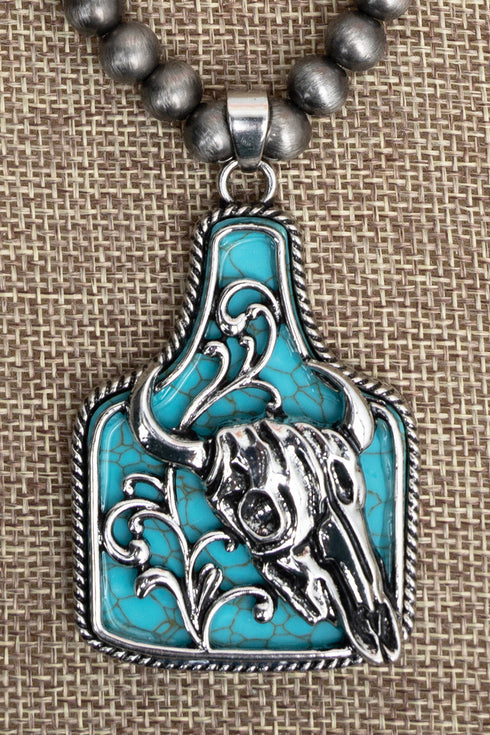 Turquoise Stoneforge Steer Silver Pearl Necklace