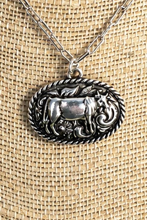 Rustic Roamer Cow Silvertone Necklace
