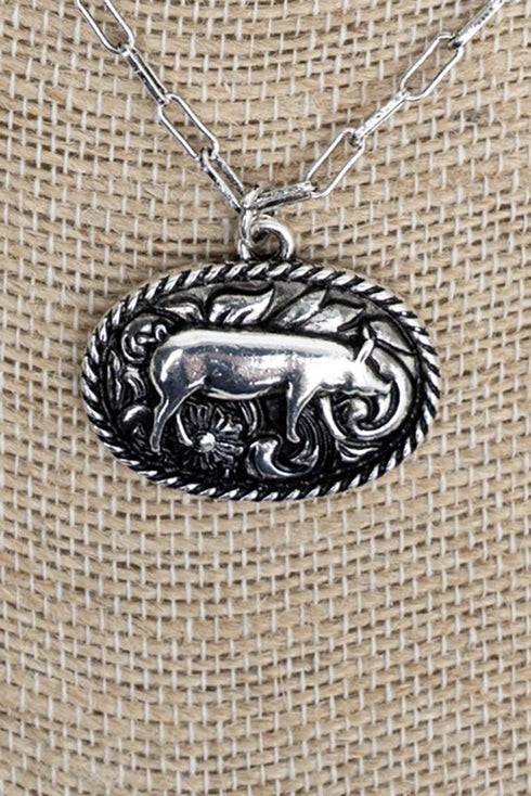 Rustic Roamer Pig Silvertone Necklace
