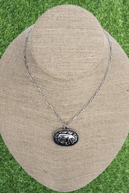 Rustic Roamer Pig Silvertone Necklace