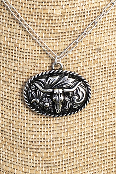 Rustic Roamer Steer Silvertone Necklace