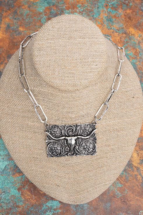 Sagebrush Steer Silvertone Necklace
