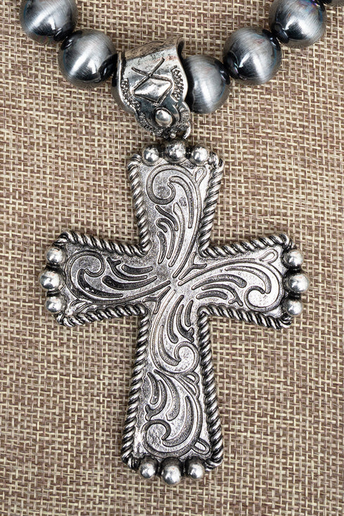 Ridgeborne Cross Silver Pearl Necklace and Earring Set
