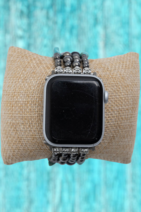 Cue the Roll Turquoise and Silver Pearl Beaded Band for Smart Watch, 38mm-41mm