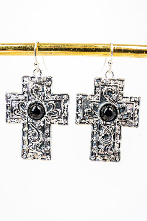 Black Graceful Moments Cross Silvertone Earrings