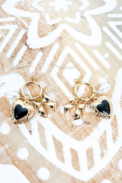 Heart In A Knot Black & Goldtone Earrings