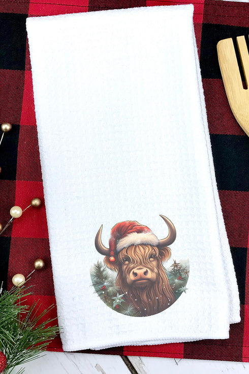 Holly Jolly Highland Cow Waffle Kitchen Towel