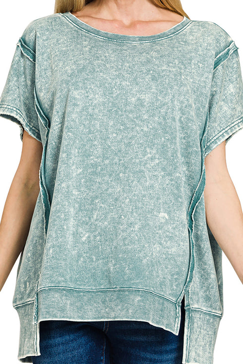 Walk In The Park Ash Blue Acid Washed French Terry Top