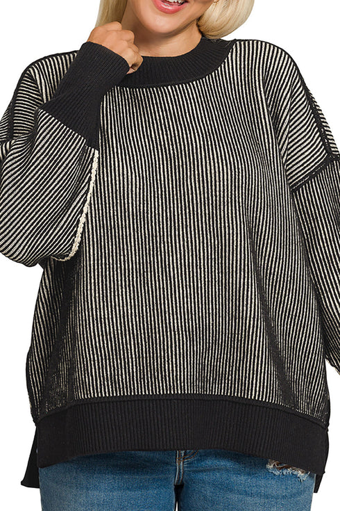 Plus Size Double Take Black Striped Exposed Seam Sweater