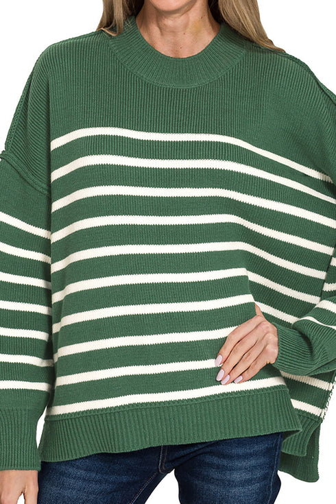 Opposites Attract Dark Green Striped Exposed Seam Sweater
