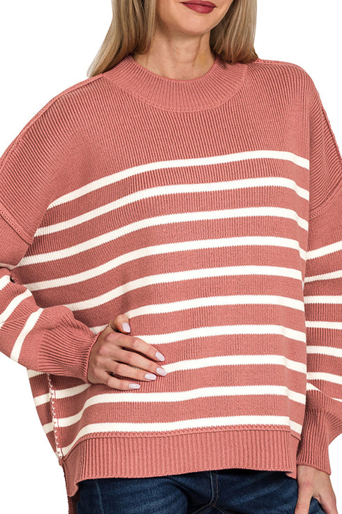 Opposites Attract Winter Rose Striped Exposed Seam Sweater
