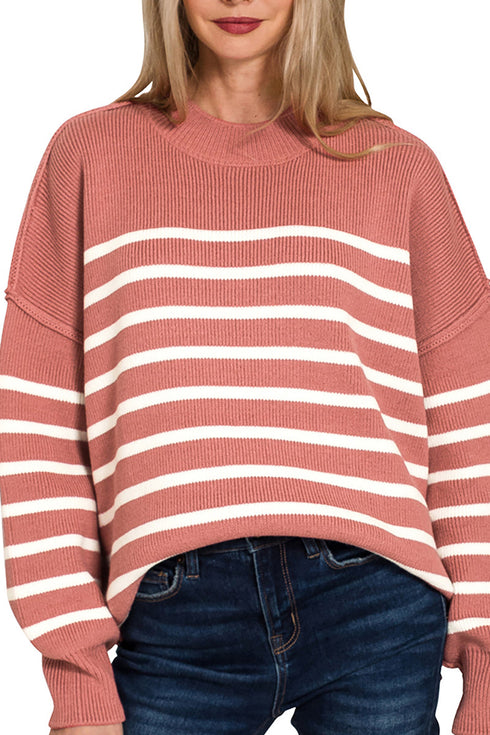 Opposites Attract Winter Rose Striped Exposed Seam Sweater