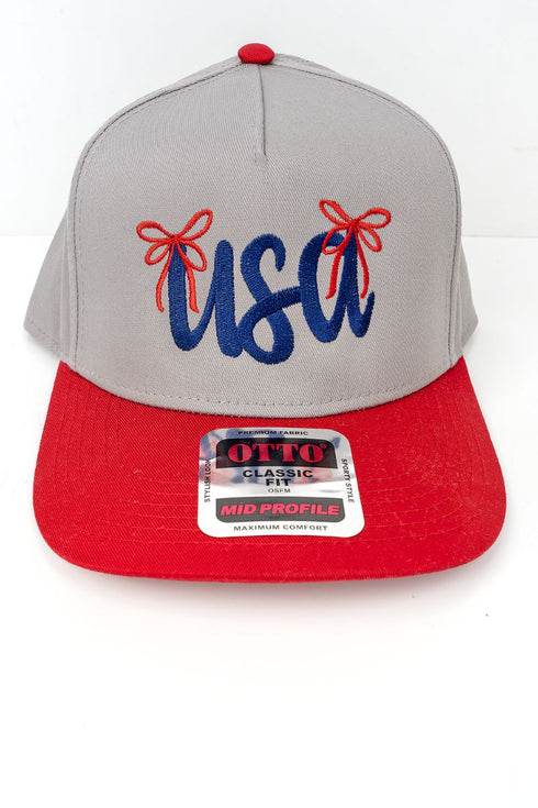 Bow USA Embroidered Otto Red and Gray Crown Split Baseball Cap