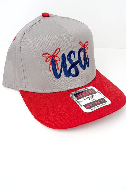 Bow USA Embroidered Otto Red and Gray Crown Split Baseball Cap