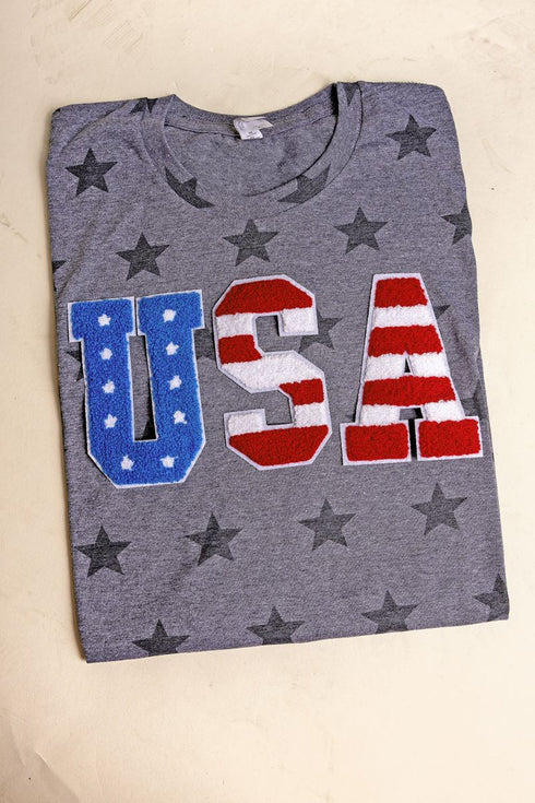 USA American Flag Patch Unisex Five Star Tee