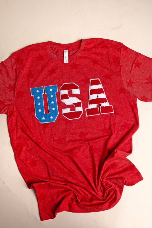 USA American Flag Patch Unisex Five Star Tee