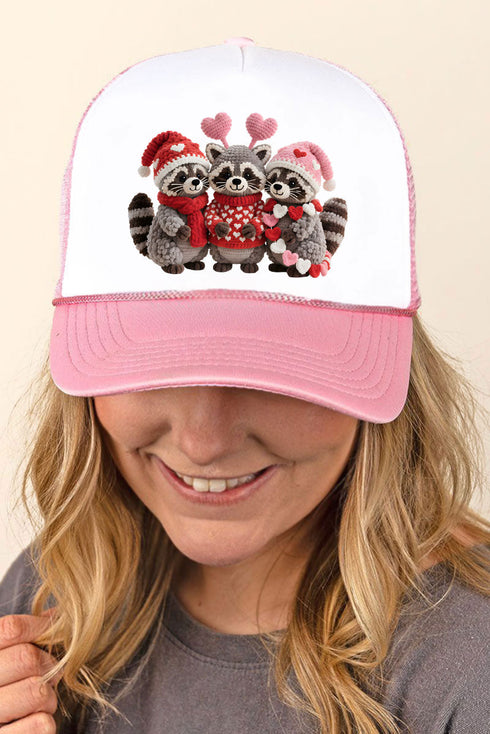 Faux Yarn Raccoon Romance Foam Mesh Back Trucker Cap