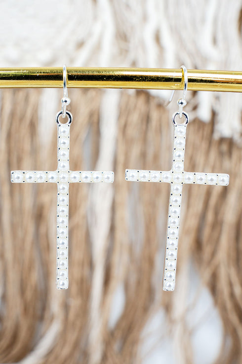 Pure Devotion Pearl Cross Silvertone Earrings