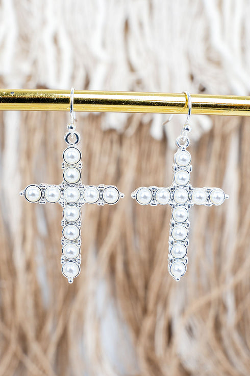 Everyday Elegance Pearl Cross Silvertone Earrings