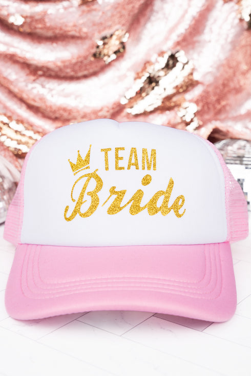 Glittery Gold Team Bride White and Pink Mesh Cap