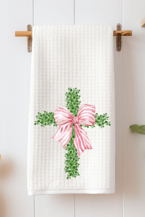 Pink Bow Boxwood Cross Waffle Kitchen Towel