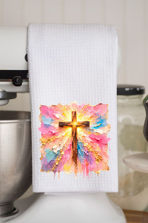 Pastel Brushstroke Cross Waffle Kitchen Towel