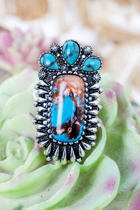 Brown & Blue Twilight Trail Silvertone Stretch Ring